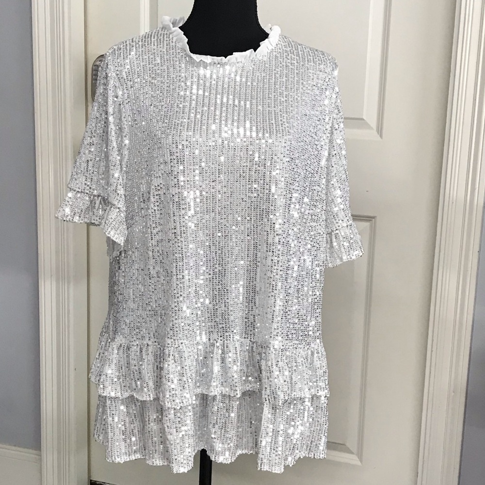 Chicsoul.com women’s 1X white/silver sequins blouse top